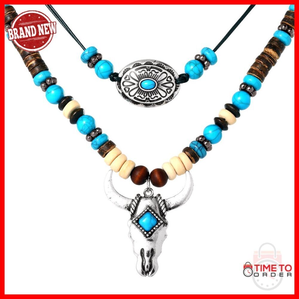 Layered Turquoise Beaded Necklace with Bull Skull Pendant Adjustable